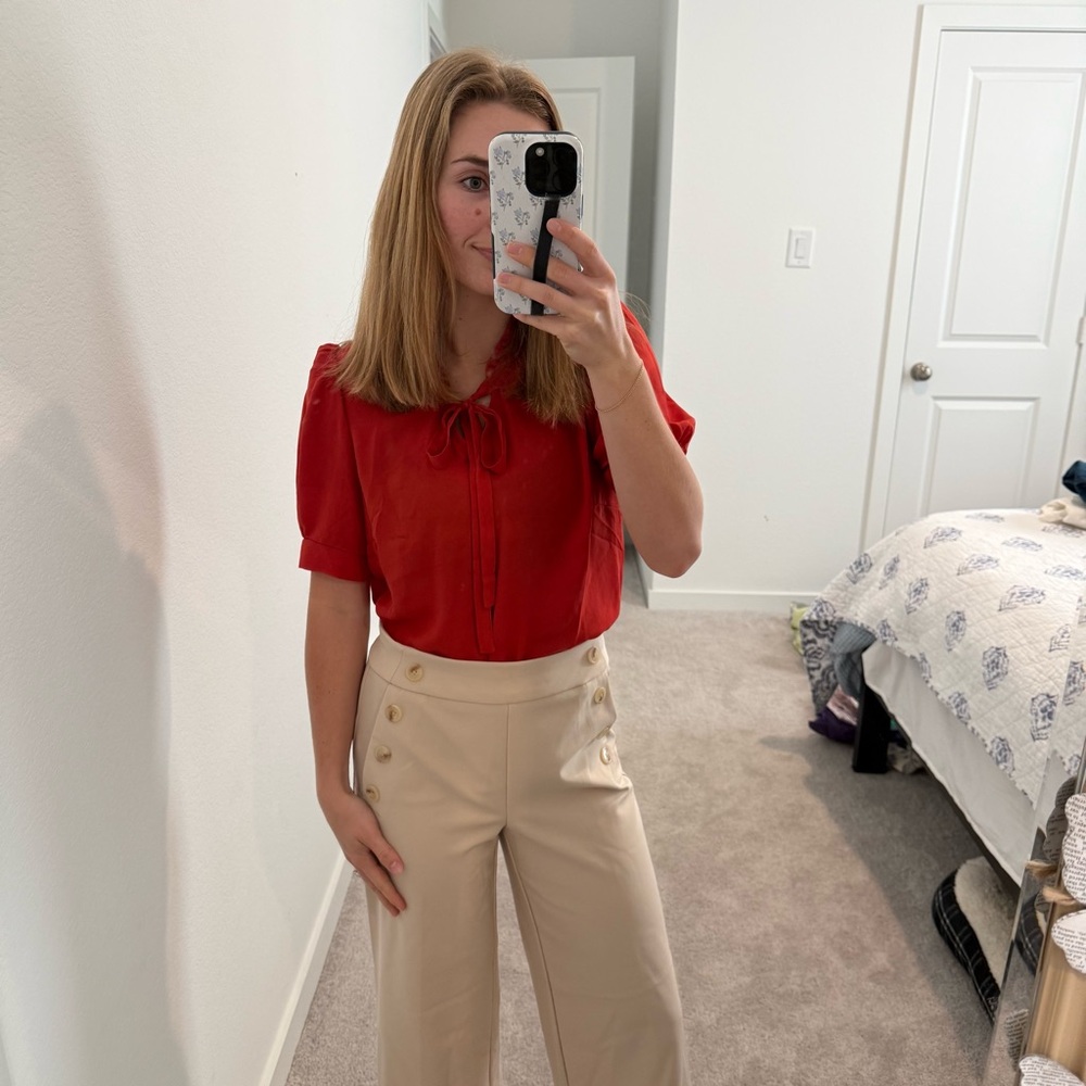 Chaus Small Bright Red Tie-Neck Blouse